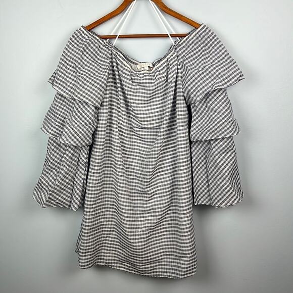 Wayf medium tiered sleeve gingham check off shoulder top - Picture 1 of 9